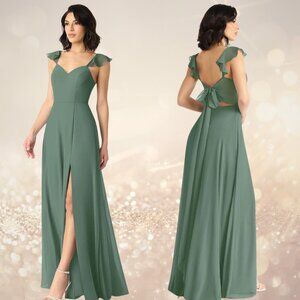 NWT Azazie Everett Eucalyptus A-Line Ruffled Chiffon Dress A6 6 Bridesmaid NEW